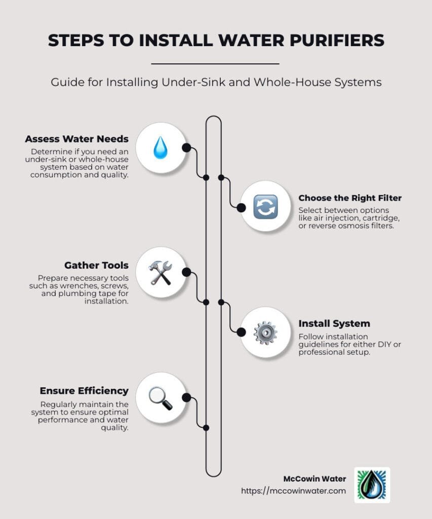 Installation steps for water purifiers: under-sink and whole-house setup, visualizing tools and connection points - install water purifier infographic infographic-line-5-steps-neat_beige