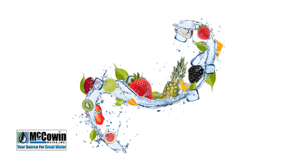 A swirl of purified water with fresh fruit and ice, representing the taste and clarity delivered by the best water filter for drinking.