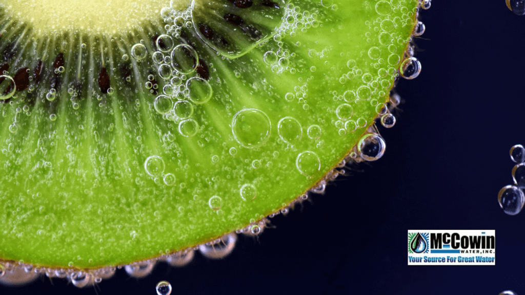 Close-up of kiwi submerged in crystal-clear, purified water; symbolizing the freshness and purity achieved through a reverse osmosis water filter, with McCowin Water logo.