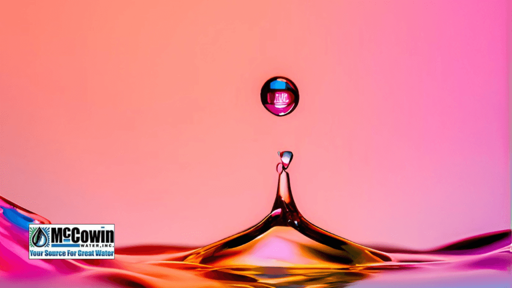 Why Your Water Softener System Might Be Lying to You Colorful water droplet above surface with McCowin Water logo, symbolizing purity and transformation from a water softener system.
