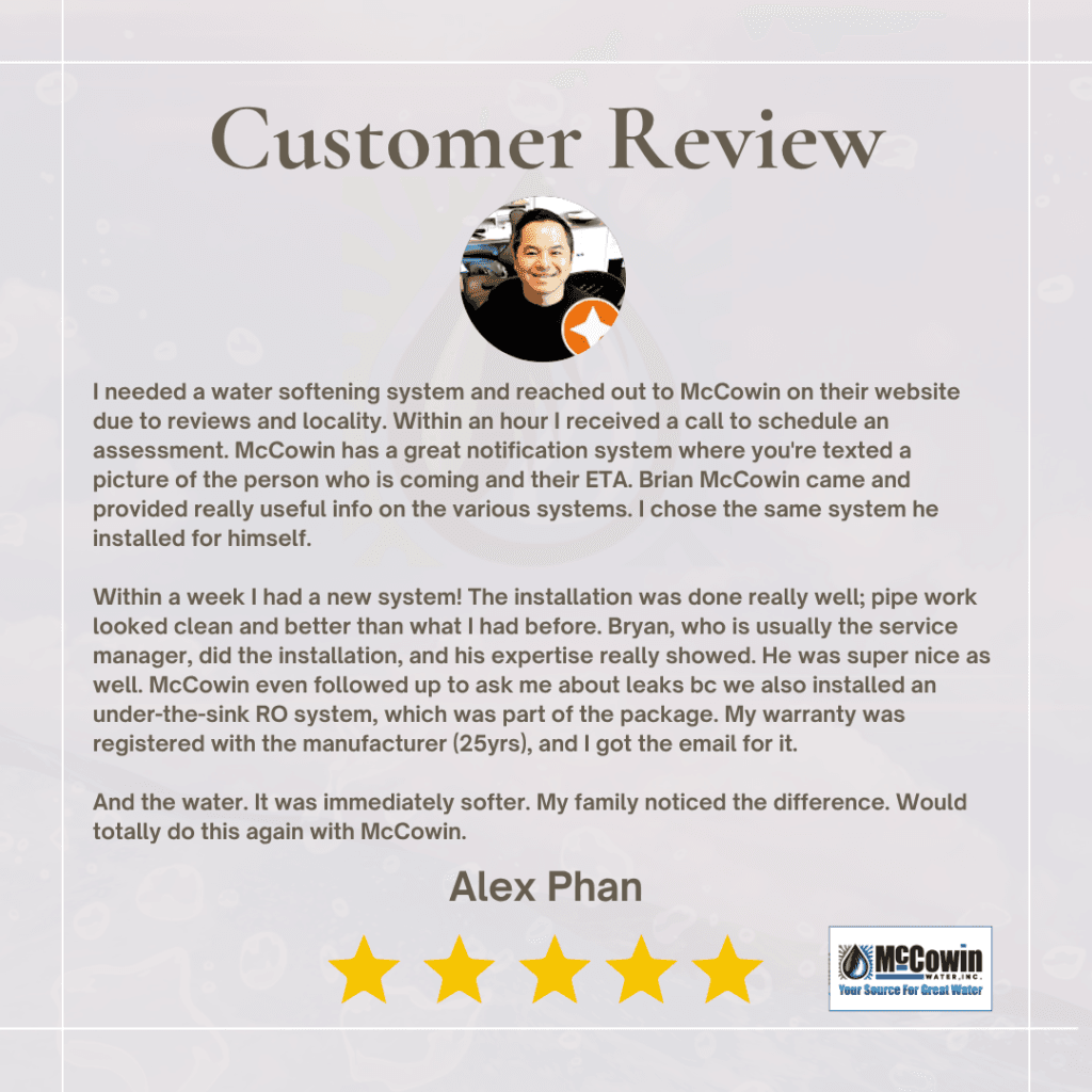 Five-star review from Alex Phan describing his household water filter system installation with McCowin Water, highlighting expert service, clean pipework, and fast results.