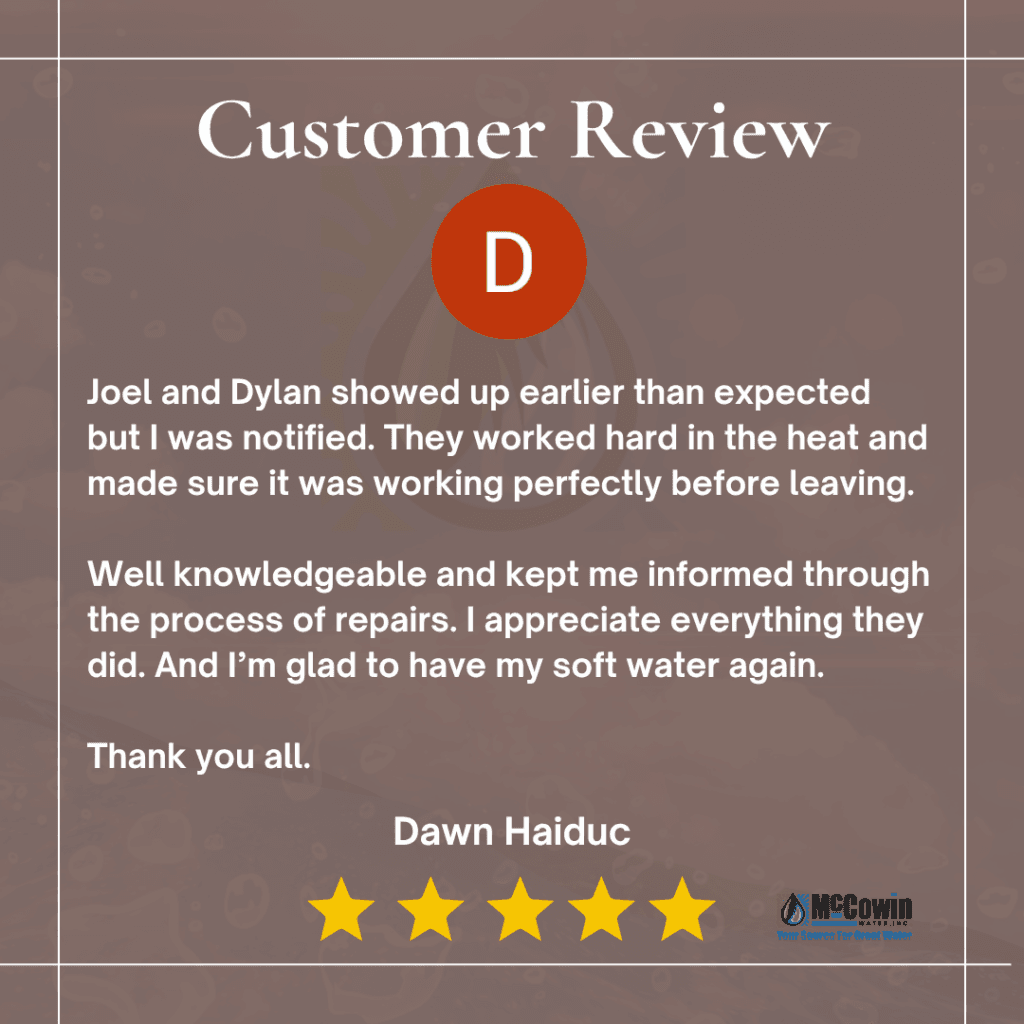 Customer review for water softener repair in Irvine – five-star service from McCowin Water technicians Joel and Dylan