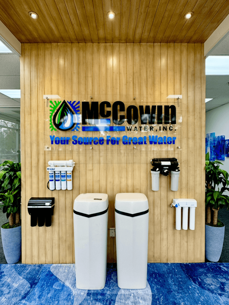 McCowin Water: A Legacy of Clean Water Solutions Interior view of McCowin Water showroom in Irvine, California, displaying advanced home water filtration systems and reverse osmosis solutions.