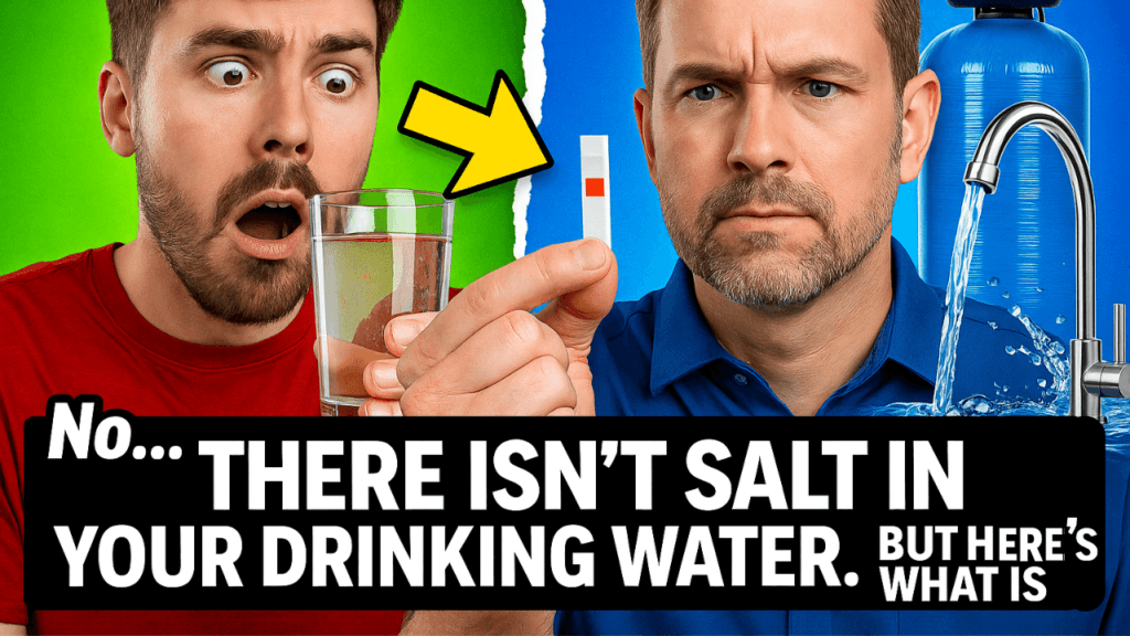 The Truth About Water Softeners: No, There Isn’t Salt in Your Drinking Water... But Here’s What Is Split-screen image of two men: one shocked holding a glass of water, the other serious with a test strip and reverse osmosis filter system. Text overlay reads “No… There Isn’t Salt in Your Drinking Water. But Here’s What Is.”