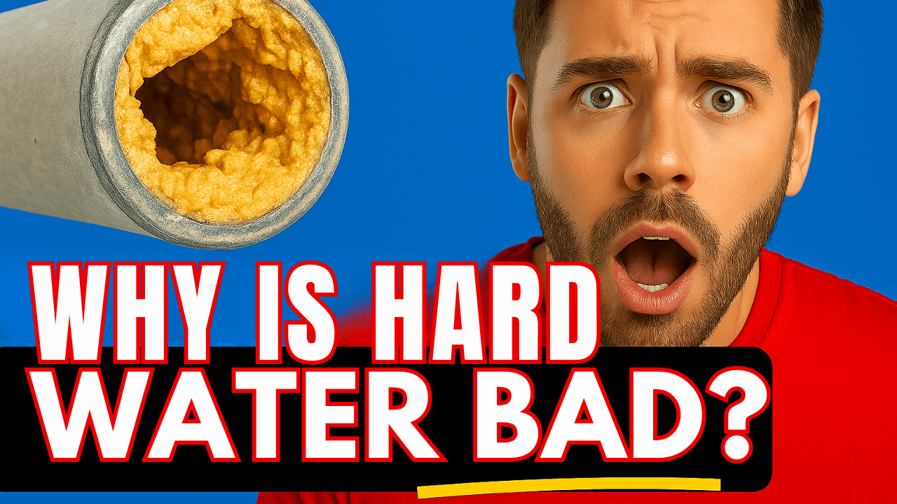 A split YouTube thumbnail showing a corroded pipe clogged with yellow-orange hard water buildup on the left, and a shocked man in a red shirt on the right. Bold red and white text at the bottom asks, "WHY IS HARD WATER BAD?"