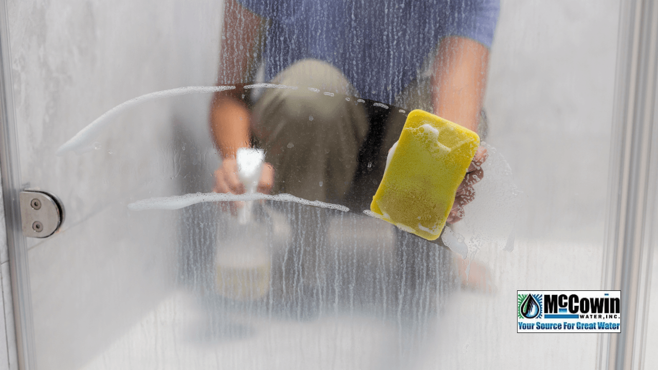 Scrubbing hard water stains off a shower door in Irvine, CA. McCowin Water provides local water hardness testing and whole-house filtration solutions.