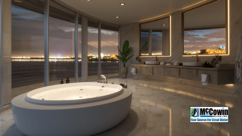 How Much Does It Cost (Equipment + Installation + Ongoing Maintenance)? Luxury Orange County bathroom with a large soaking tub and panoramic window view, symbolizing the comfort, clarity, and investment value of a professionally installed McCowin Water filtration system.