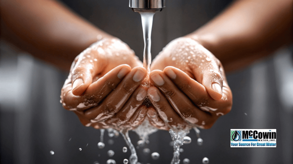 Will This System Affect Water Pressure or Flow? Let’s Clear the Air. Clean, softened water flowing through open hands under a steady faucet, symbolizing balanced water pressure and purity after a McCowin Water filtration system installation in Orange County.