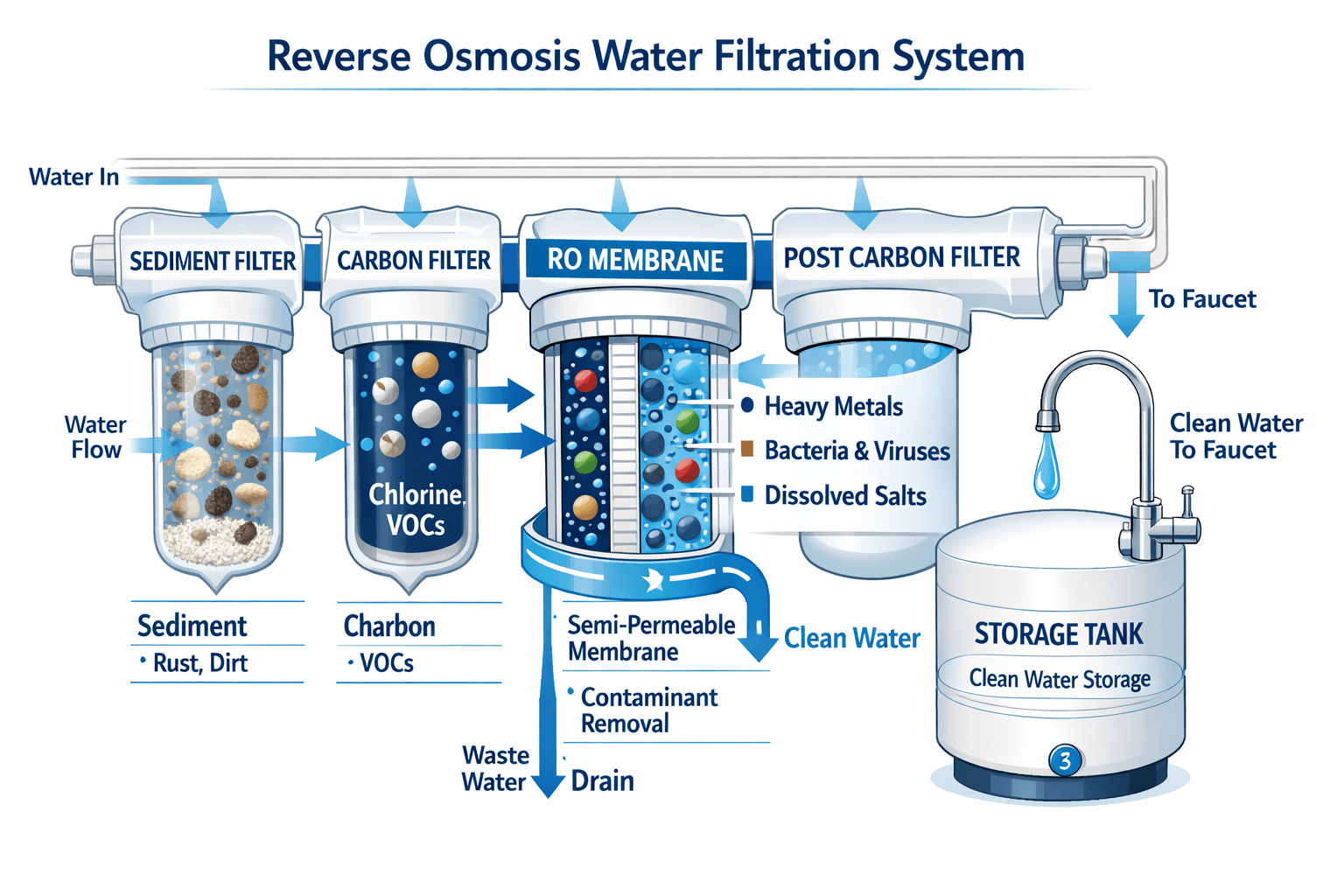 illustration of a reverse osmosis water filtration system showing multi-stage filters and semi-permeable membrane removing contaminants, labeled components
