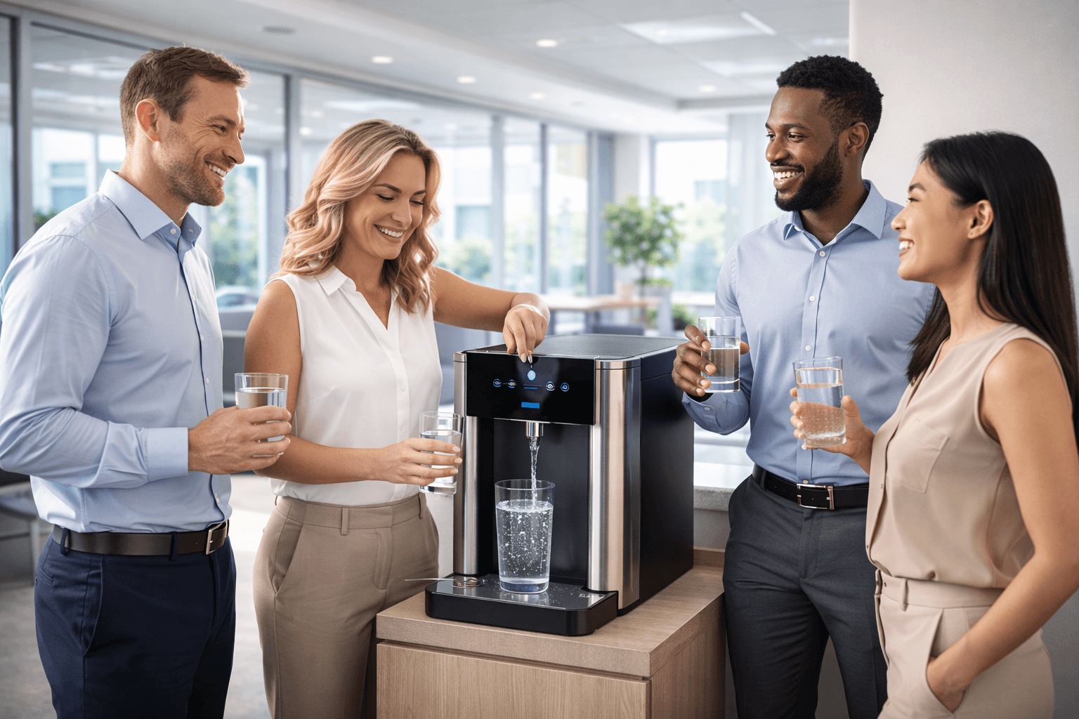 Business staff enjoying fresh water from a customized commercial water treatment system with maintenance