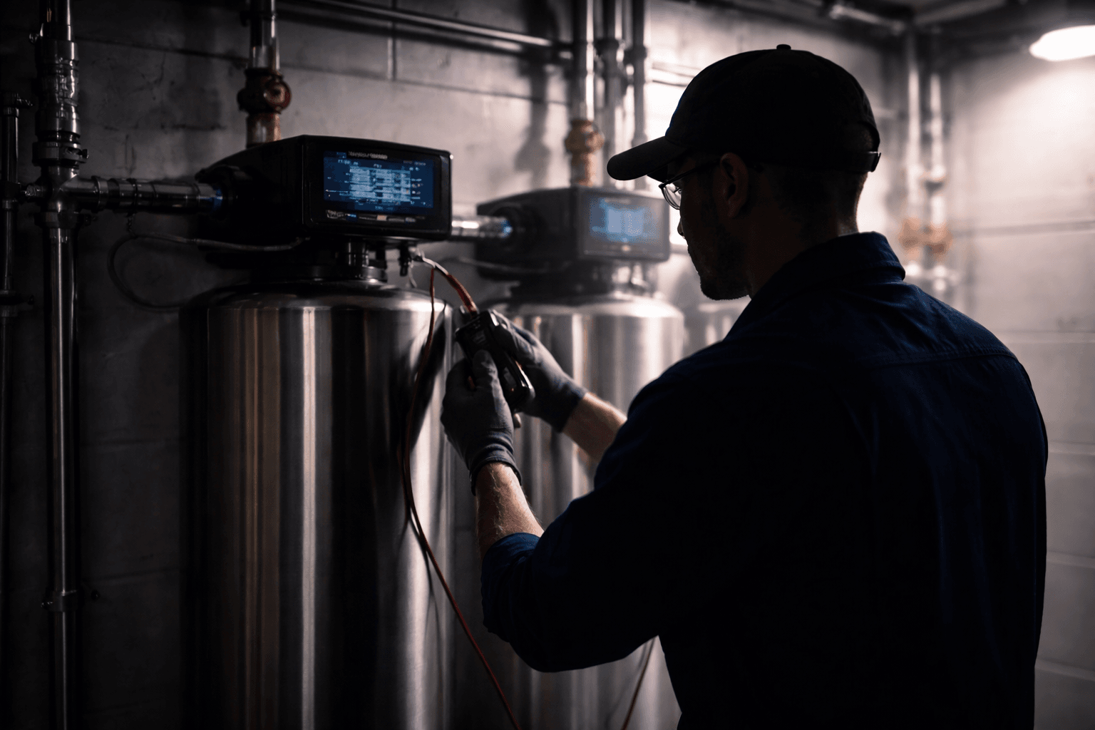 Technician inspecting Commercial Water Treatment Systems