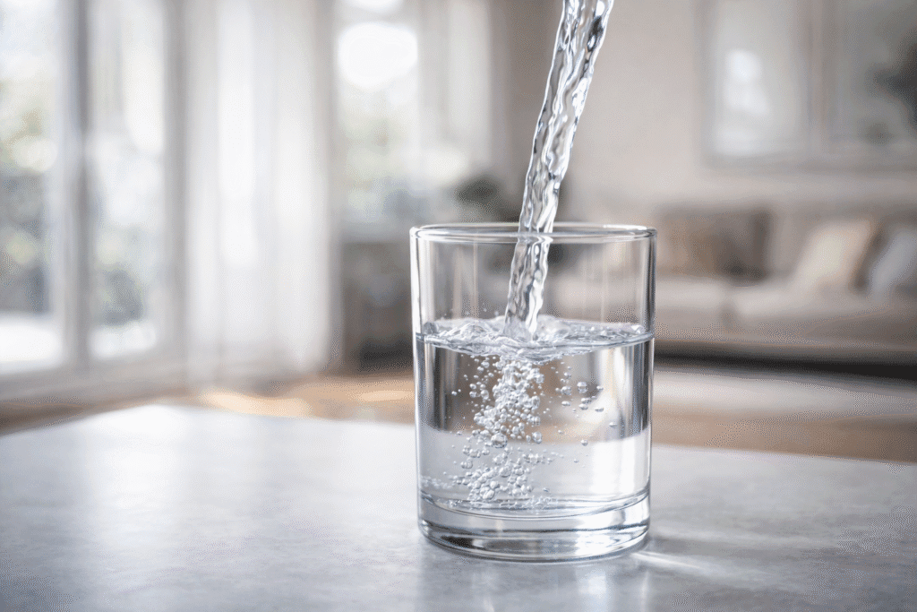 Crystal clear water stream pouring into glass by a local family owned in home filtration installer