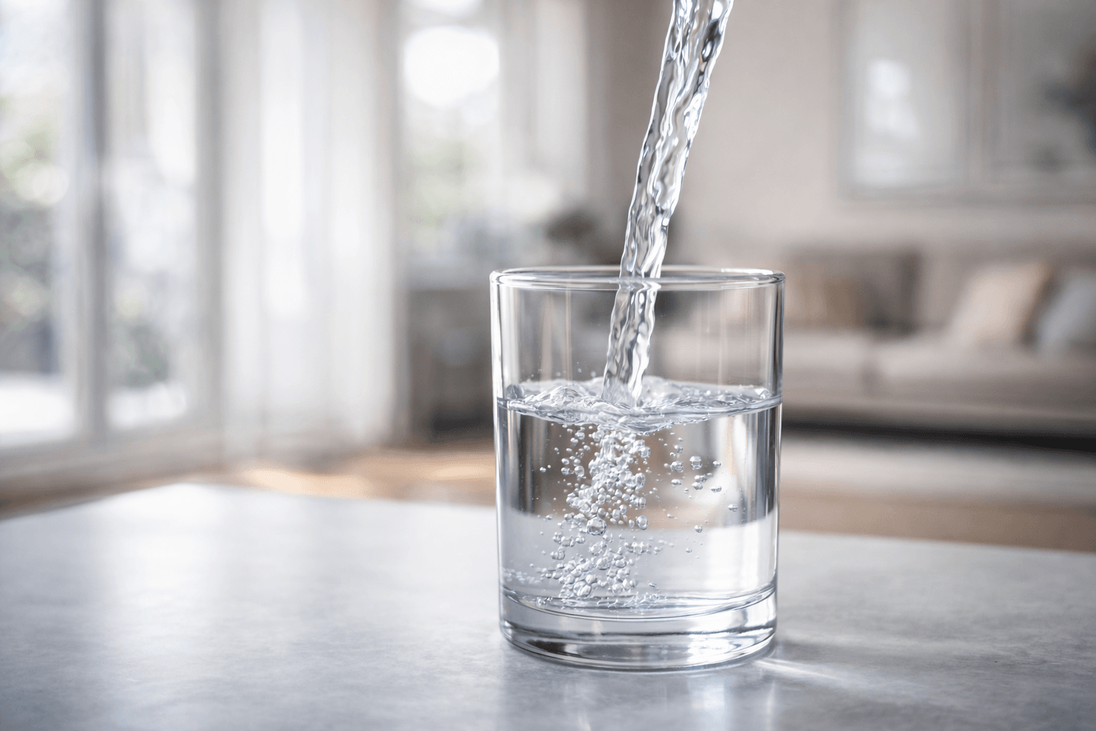 Crystal clear water stream pouring into glass by a local family owned in home filtration installer