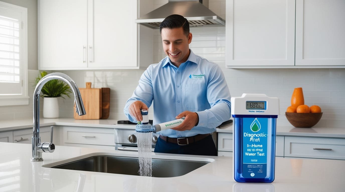 A professional Water technician performing Diagnostic-First Free In-Home Water Test