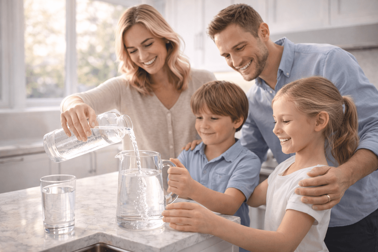 Family pouring clean filtered water from residential RO