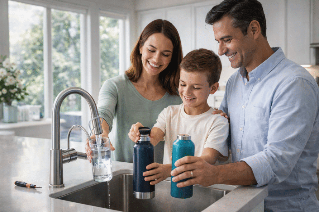 Happy family filling reusable bottles from kitchen filtration faucet, residential water quality maintenance plan test