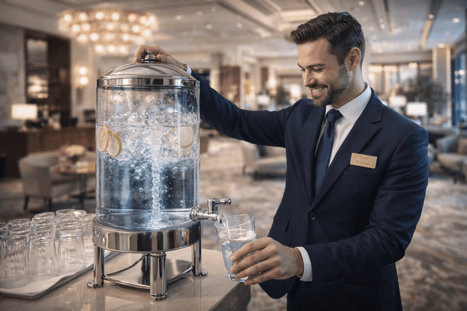 Happy hotel manager checking crystal clear water with Commercial Systems in Irvine