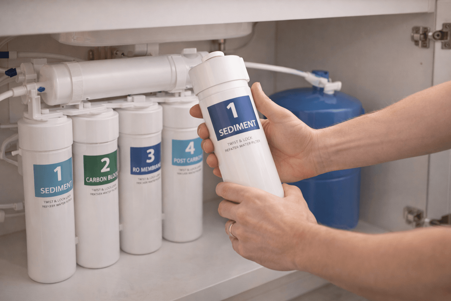 Homeowner replacing RO filter cartridge-McCowin Water Review for Residential RO Systems