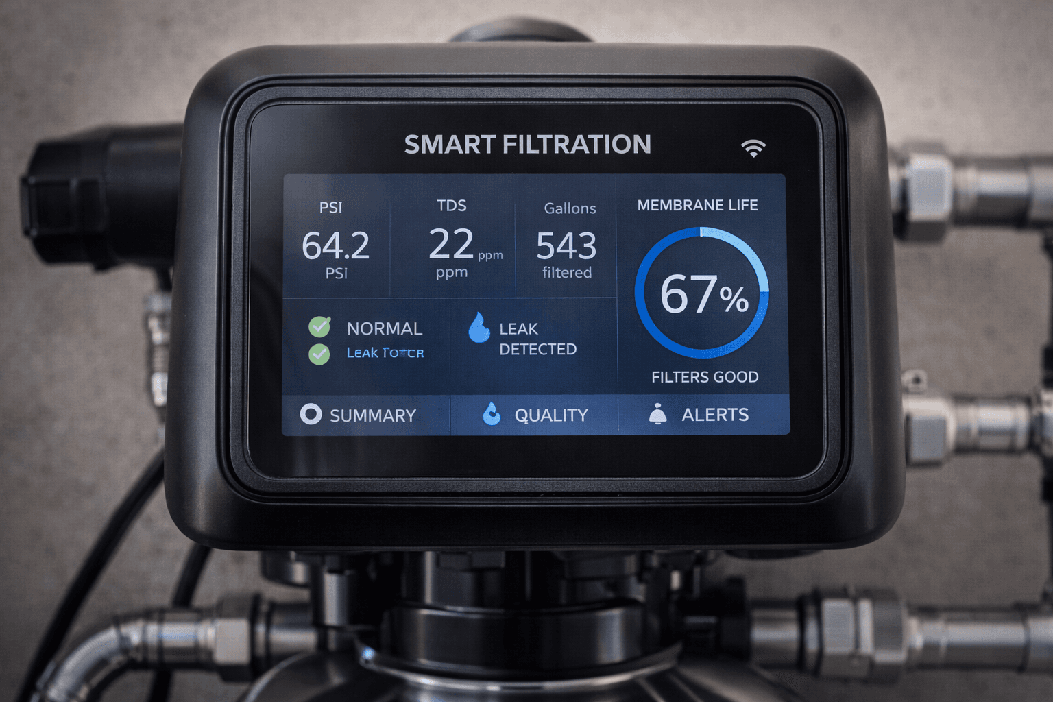 Modern smart filtration control panel for Long-Term Maintenance Contracts for Whole-Home RO Systems in OC