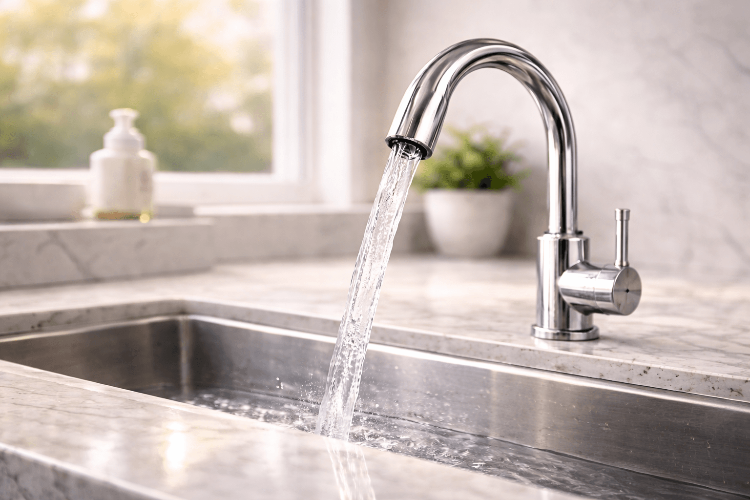 Polished chrome faucet with clear water flowing