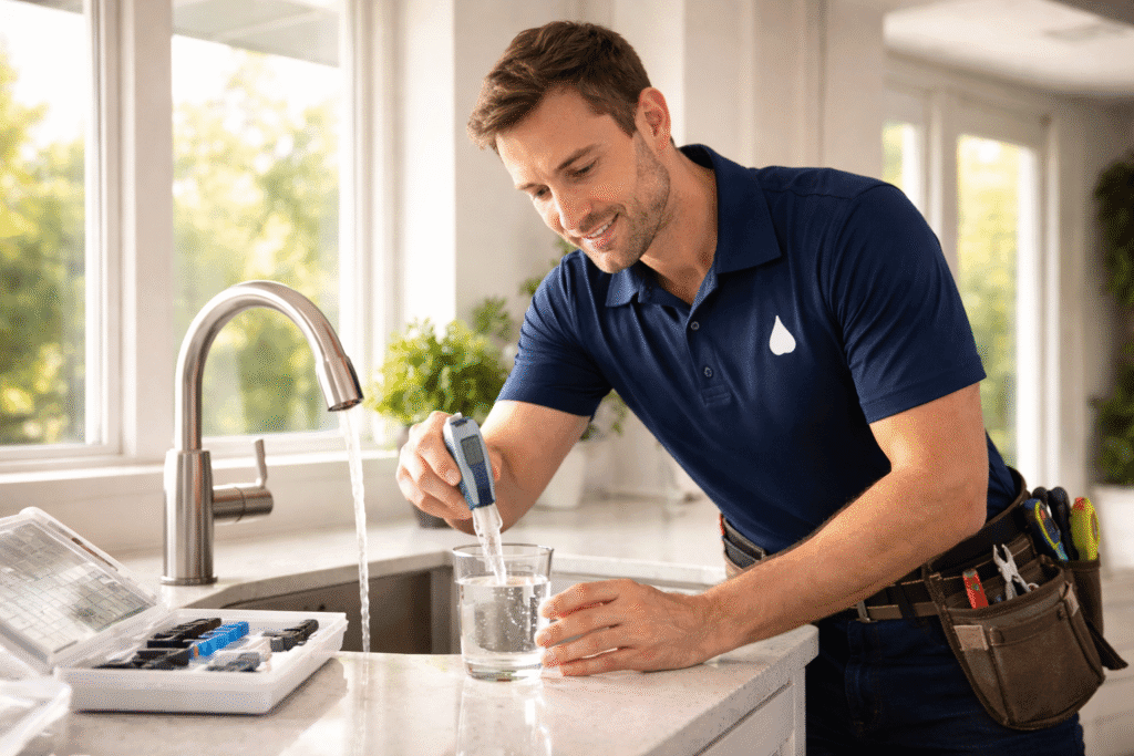 Professional water technician conducting free in-home testing