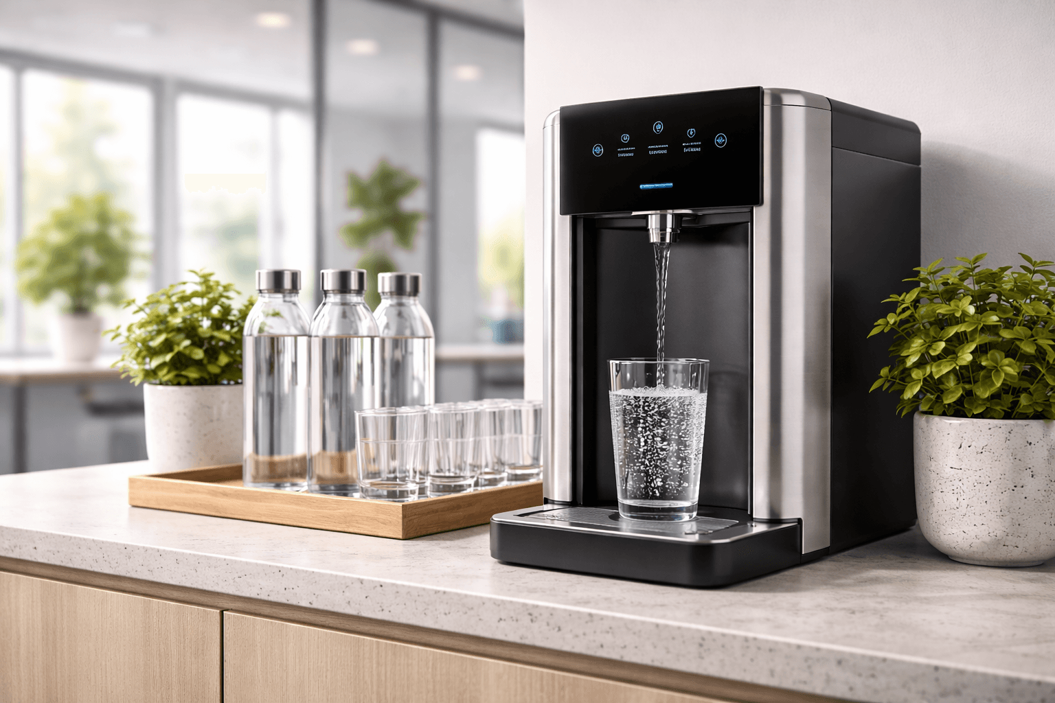 Sleek office hydration station with glass bottles and filtered water