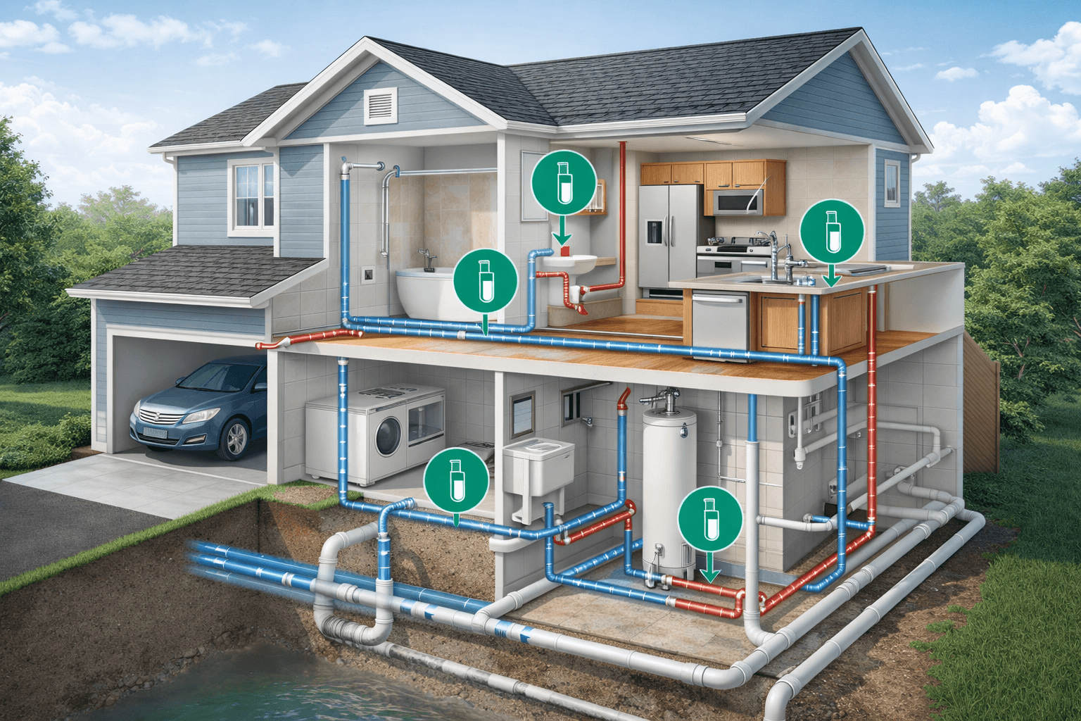 diagnostic-first free in-home water test process in a suburban home plumbing system