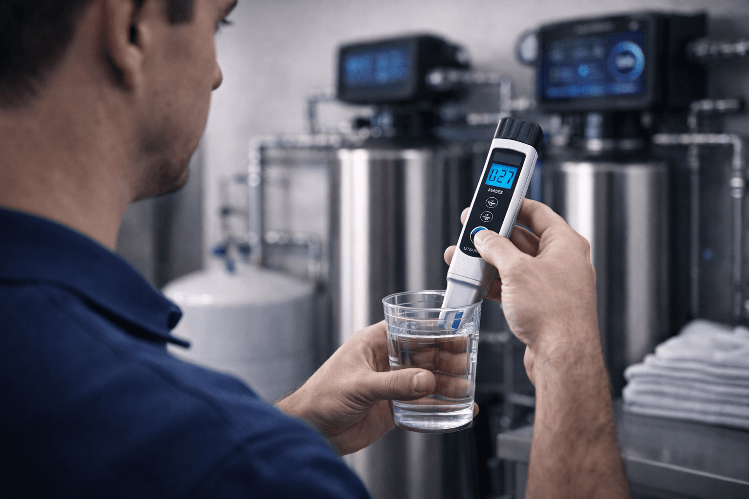 Technician testing Commercial water treatment systems in Irvine