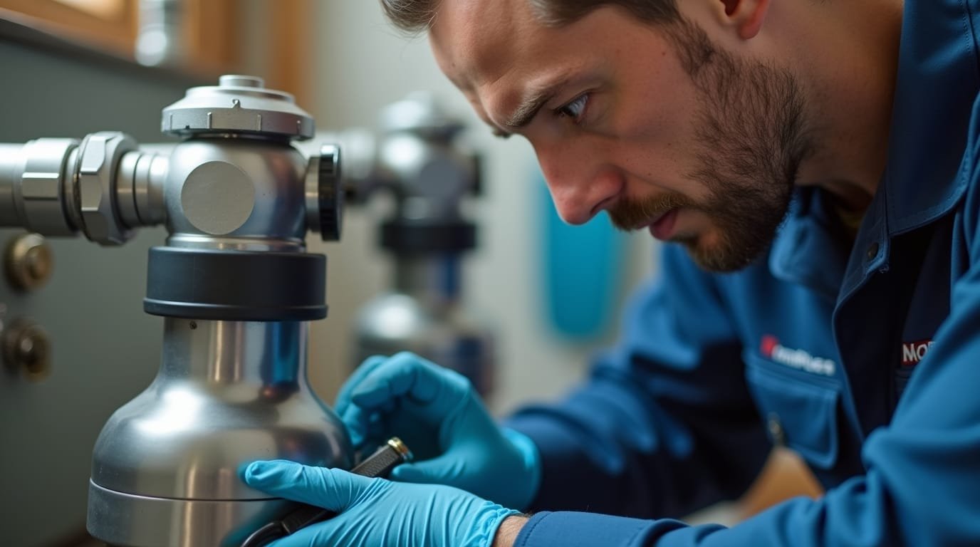 Water technician replacing carbon and sediment filters during a water quality maintenance plan visit