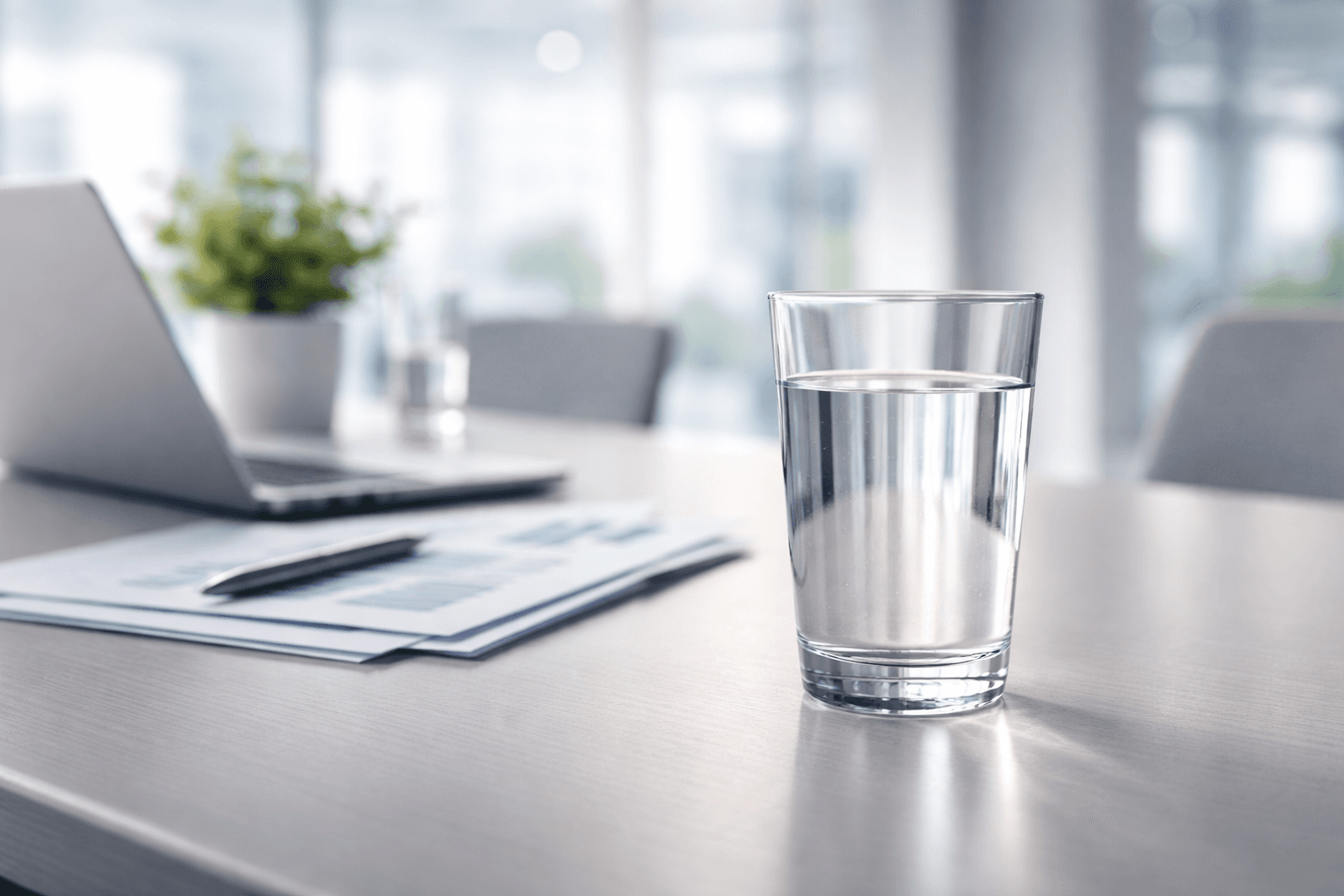 glass of crystal clear water on conference table featuring the best commercial water treatment systems for Irvine businesses needing custom filtration