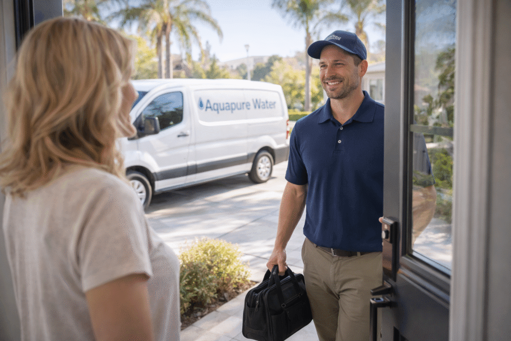 local water service technician offering custom-installed residential reverse osmosis system in Irvine with an in-home water test and local service