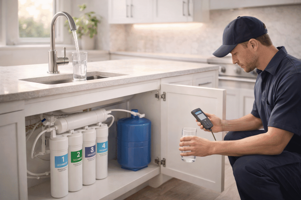 residential reverse osmosis system being professionally installed