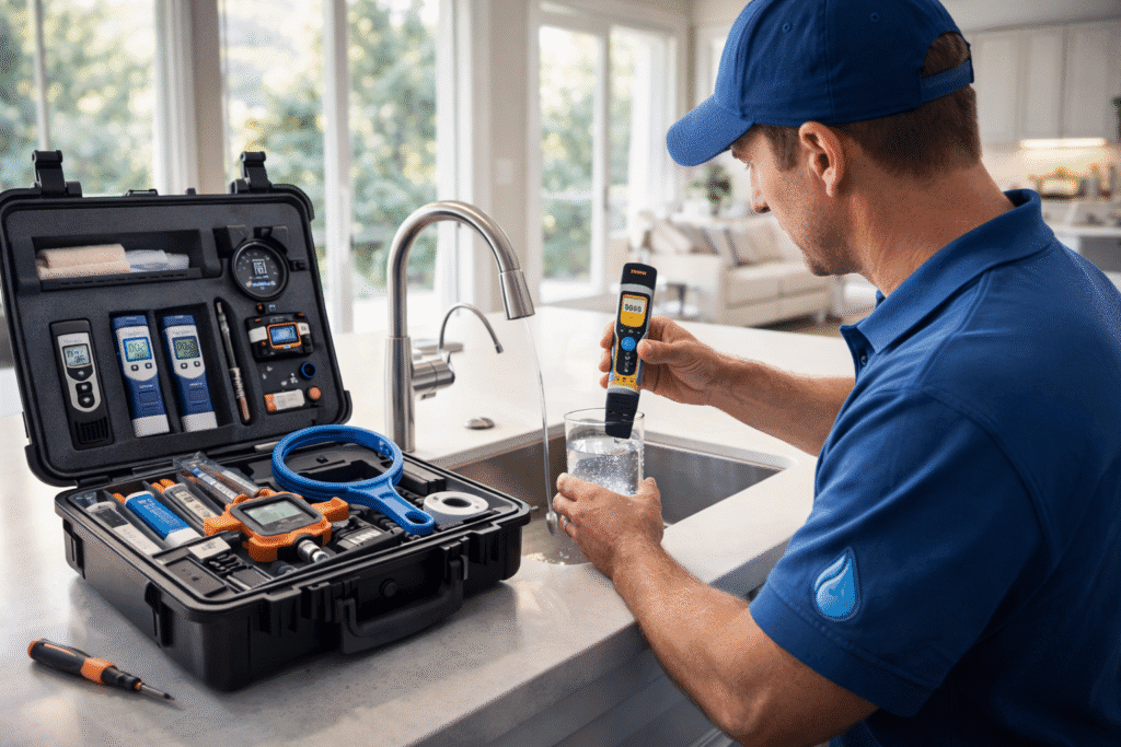 technician testing tap water offering customized in home filtration with maintenance plans in Irvine