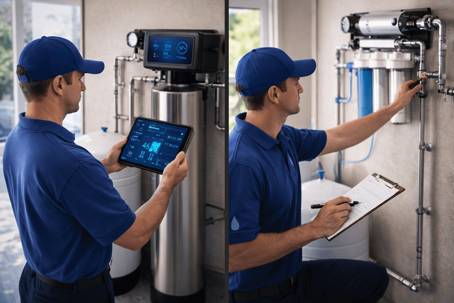technicians working on filtration systems-Diagnostic First Maintenance Plan vs Standard Service for Irvine Home Filtration