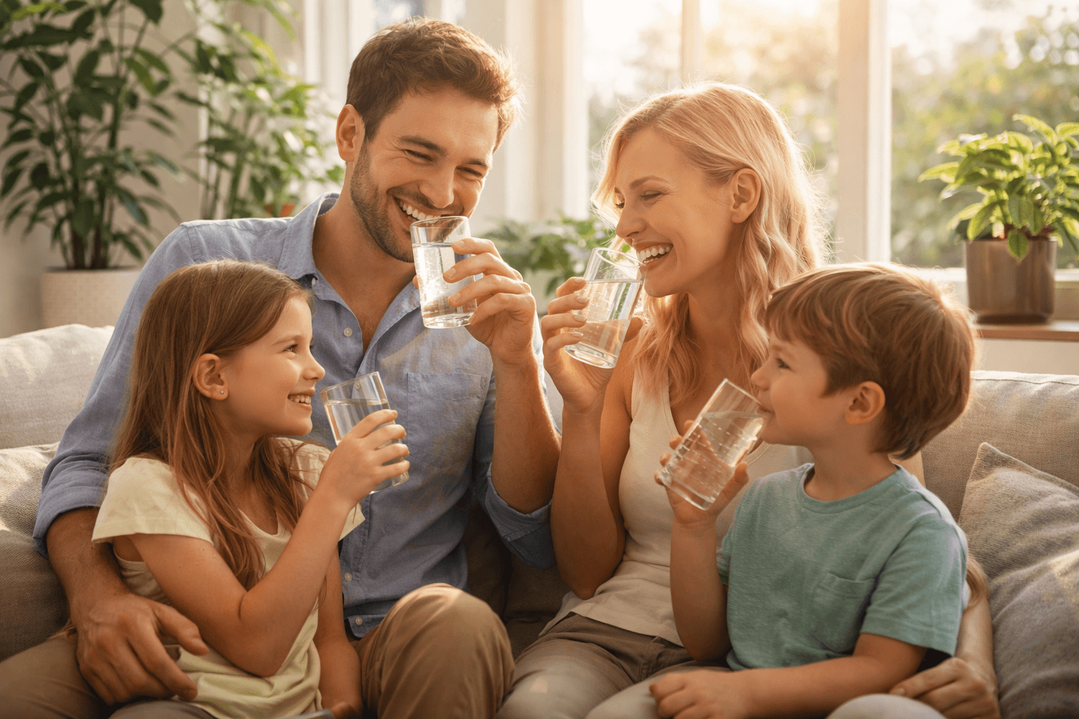 Happy family enjoying clean water: Whole House RO System vs. Countertop RO Filters