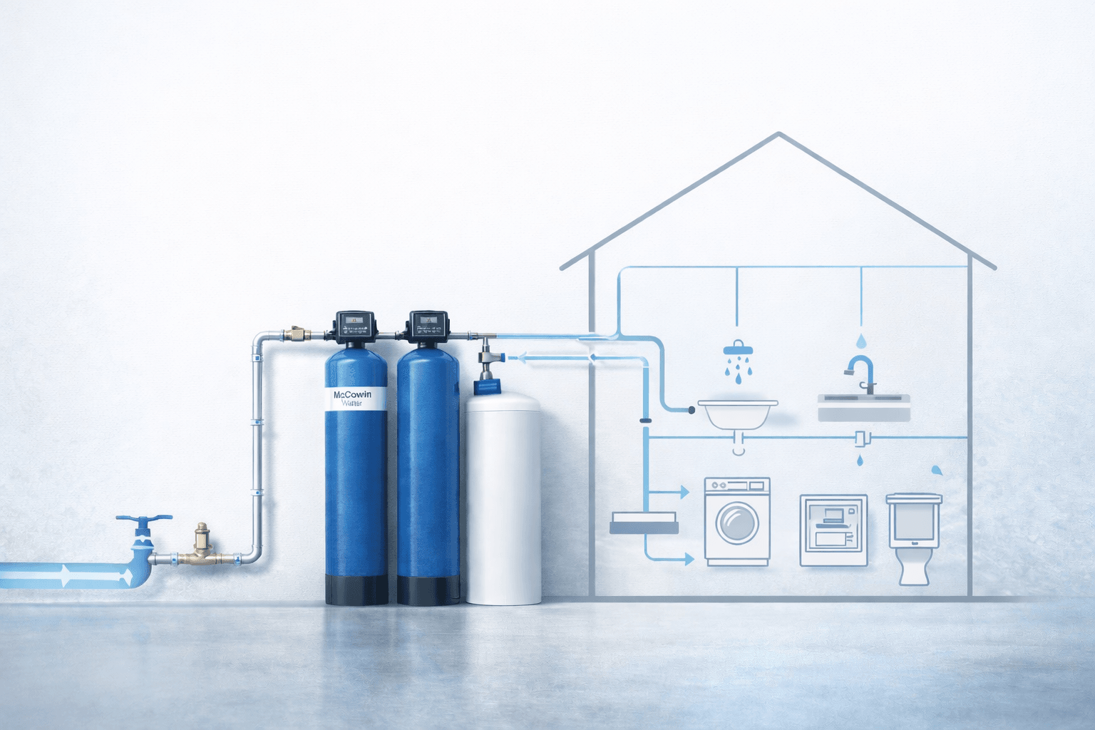 minimal infographic style diagram of whole-house water filtration systems