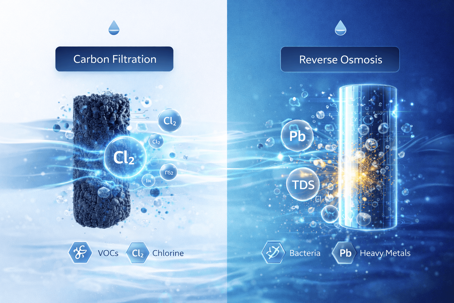 carbon filtration vs reverse osmosis- infographic style visual