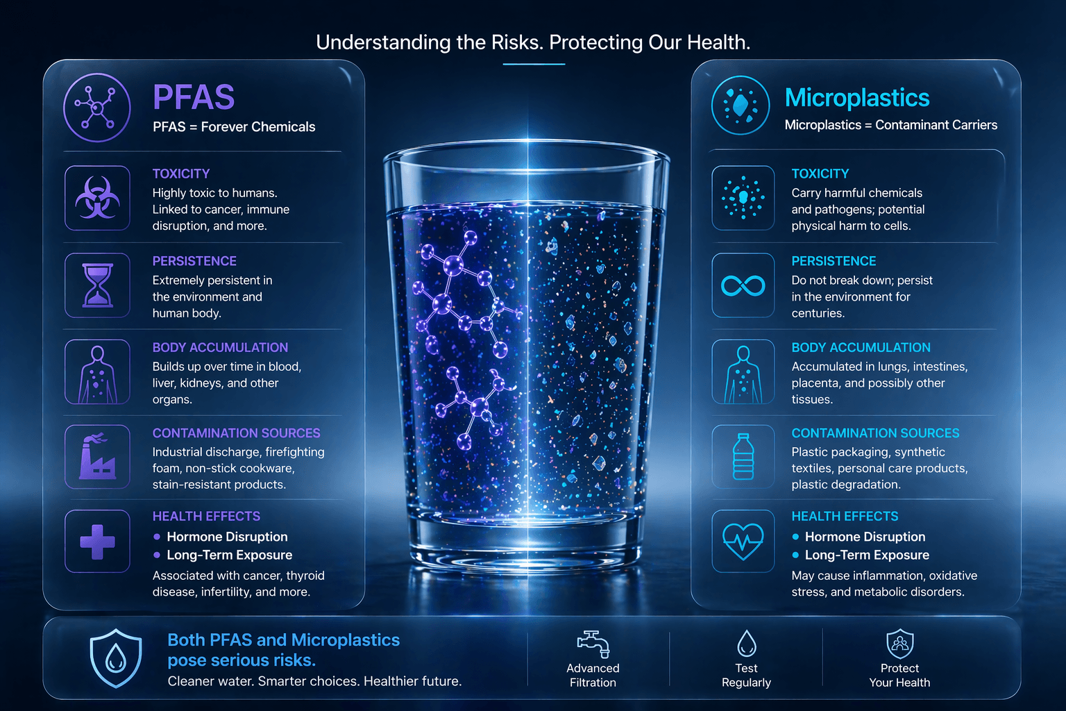 infographic comparing PFAS and microplastics in water