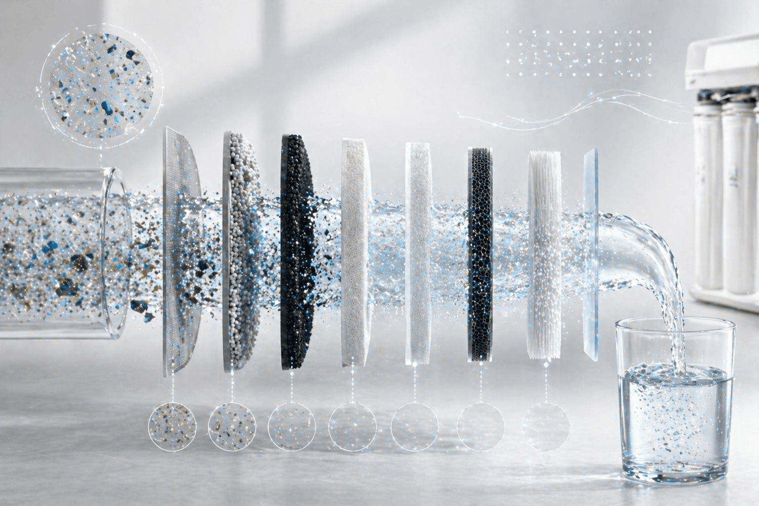 Futuristic water filtration process diagram to remove microplastics