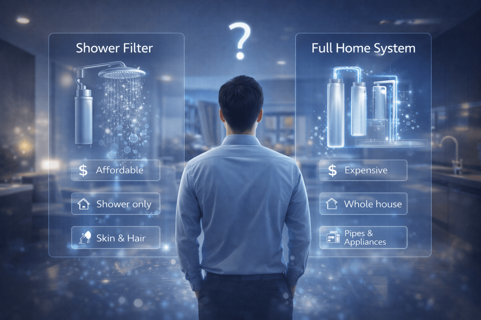 Shower Filters vs Whole House Systems Conceptual decision-making scene