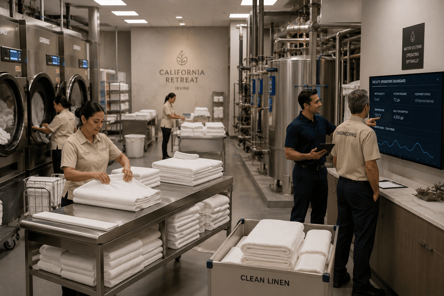Busy hotel laundry operations in action