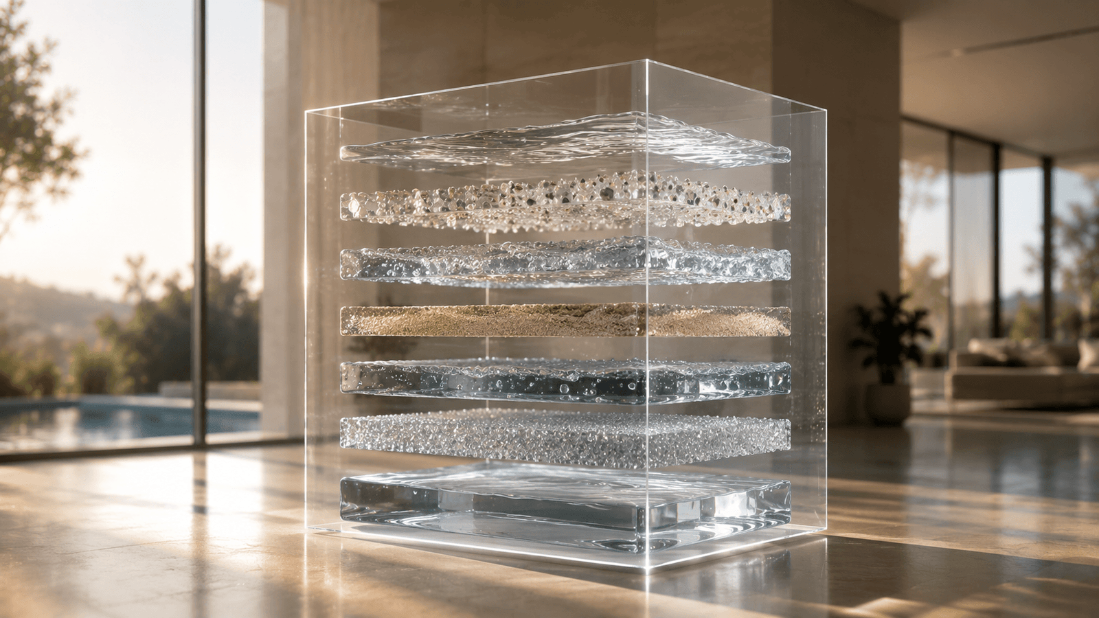 Elegant layered glass cube in sunlight