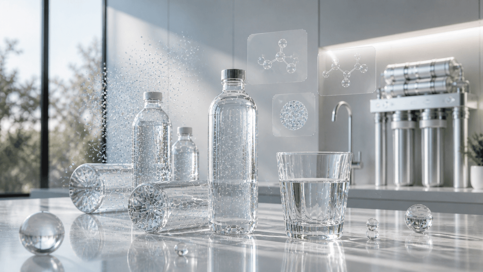 Futuristic water filtration comparison display