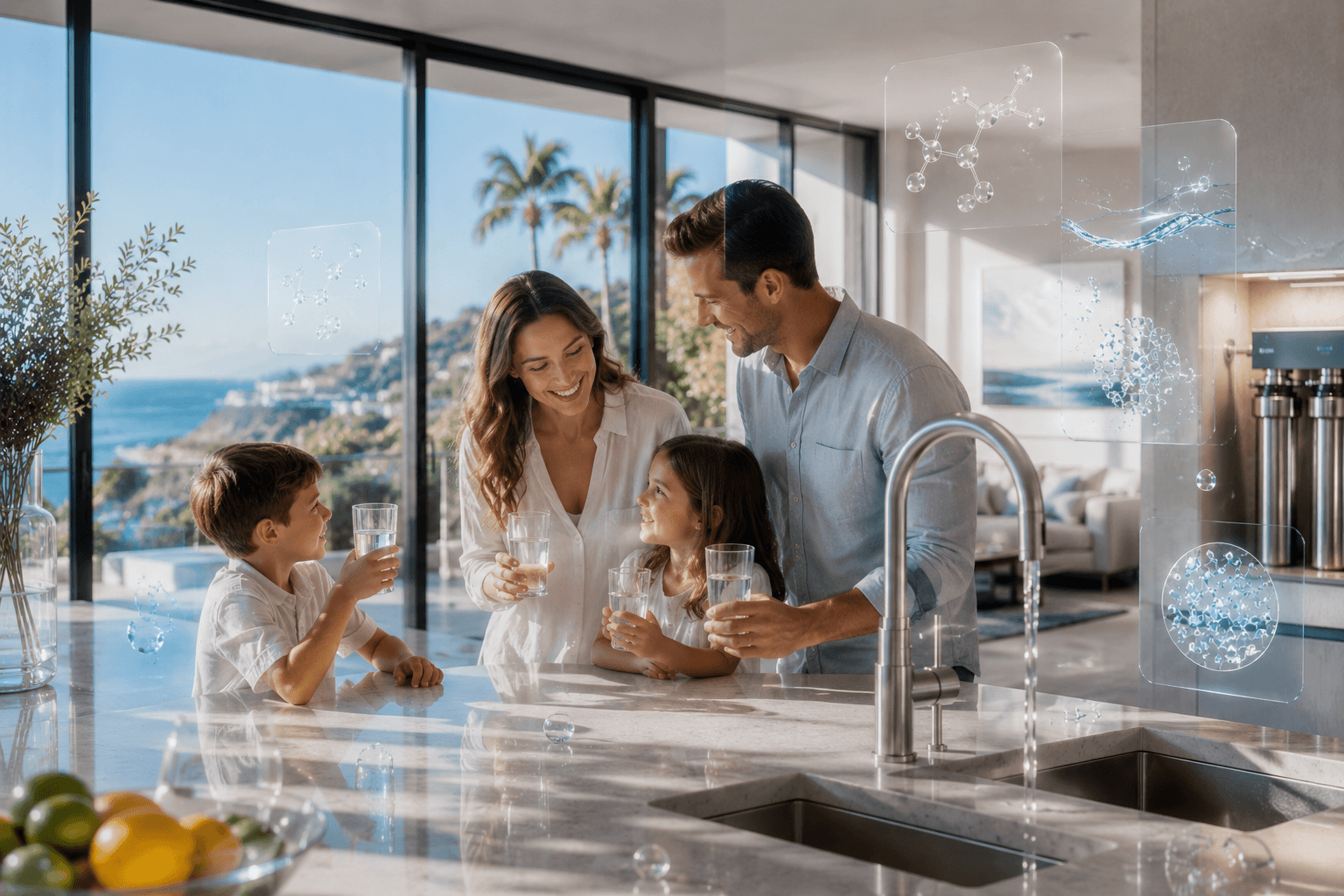 Healthy family enjoying purified water from best water filtration system