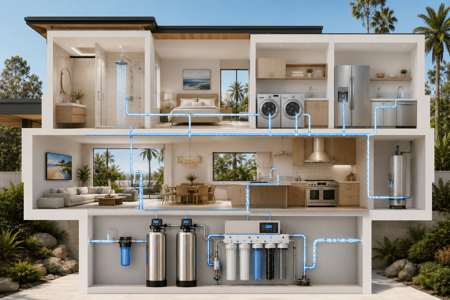 Modern home with glowing water pipes