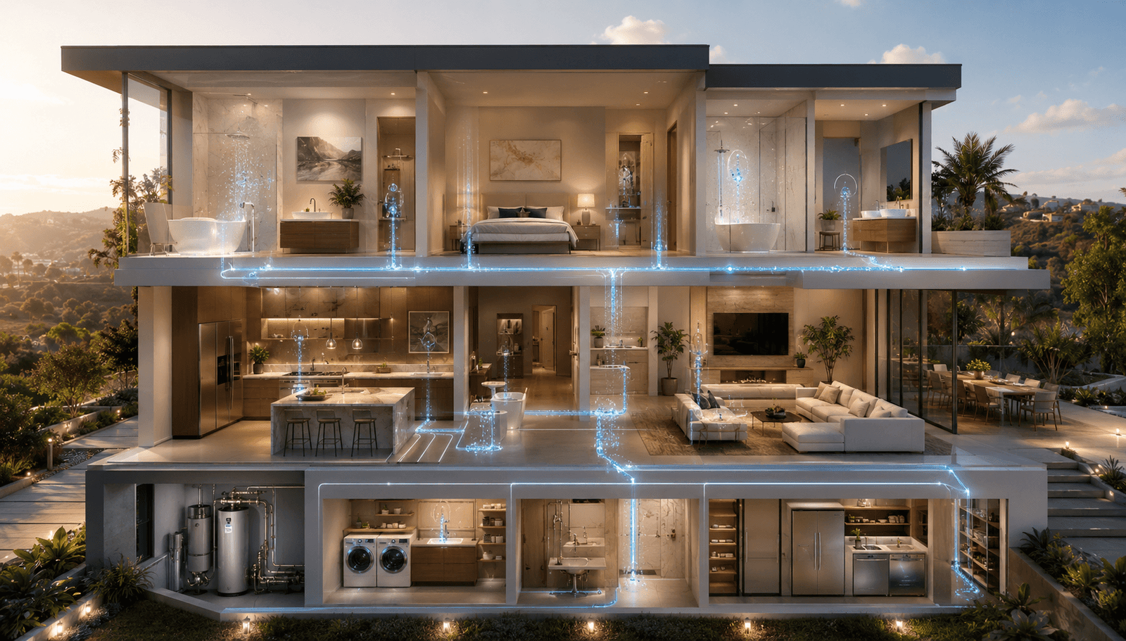 Modern luxury home with glowing water systems
