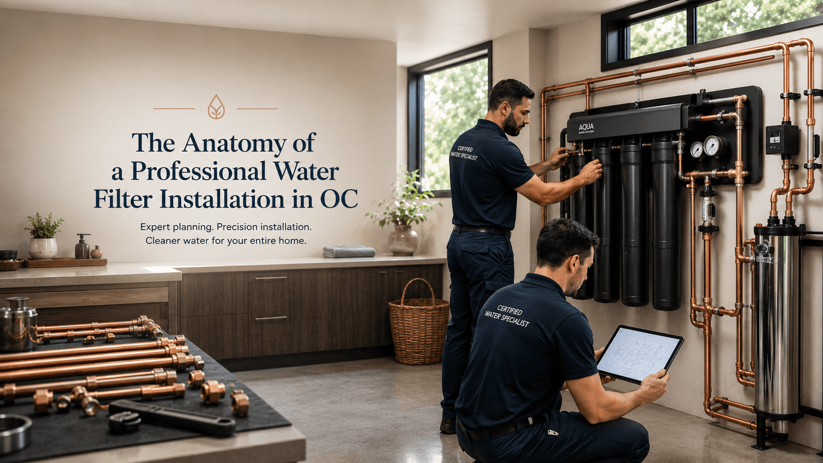 Professional in-house water filtration installation in Orange County home