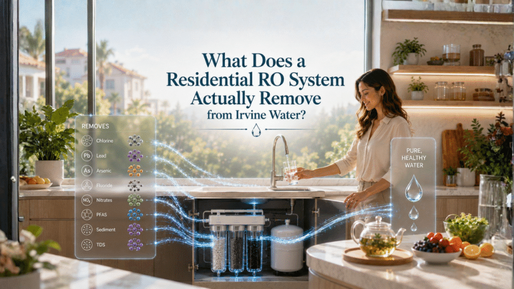 Residential RO system purifying drinking water in a modern Irvine home kitchen.
