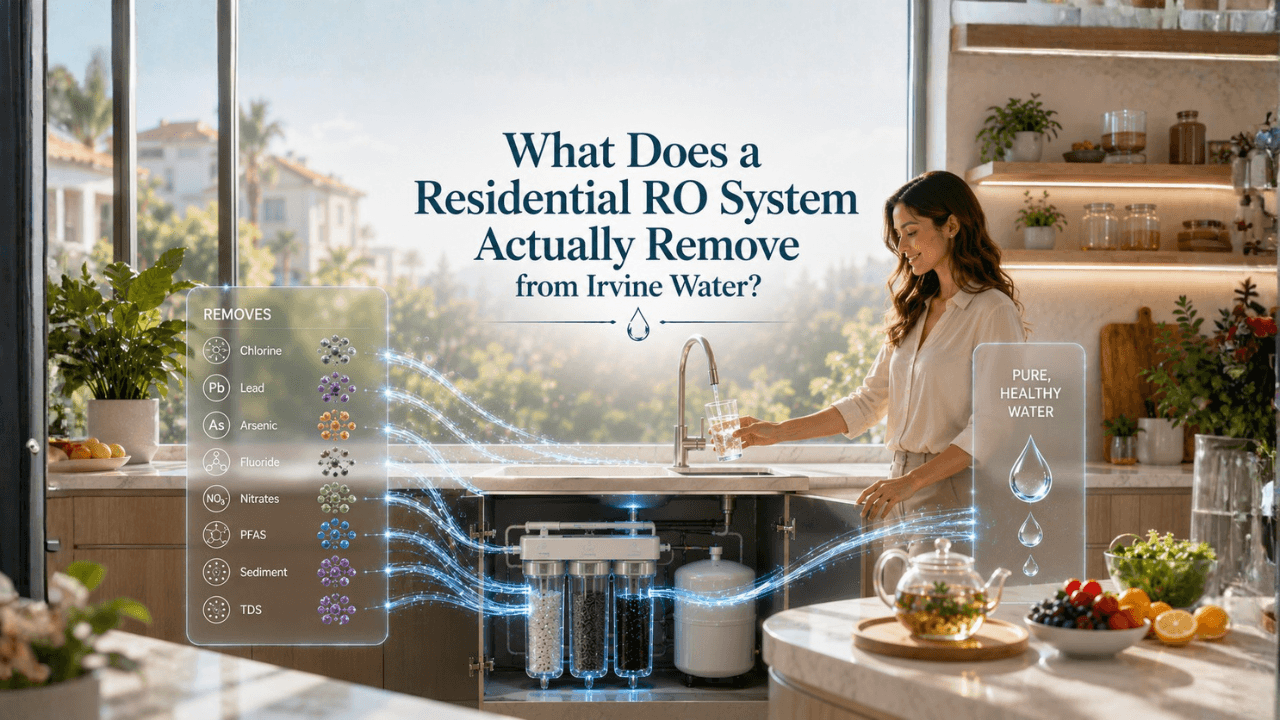 Residential RO system purifying drinking water in a modern Irvine home kitchen.