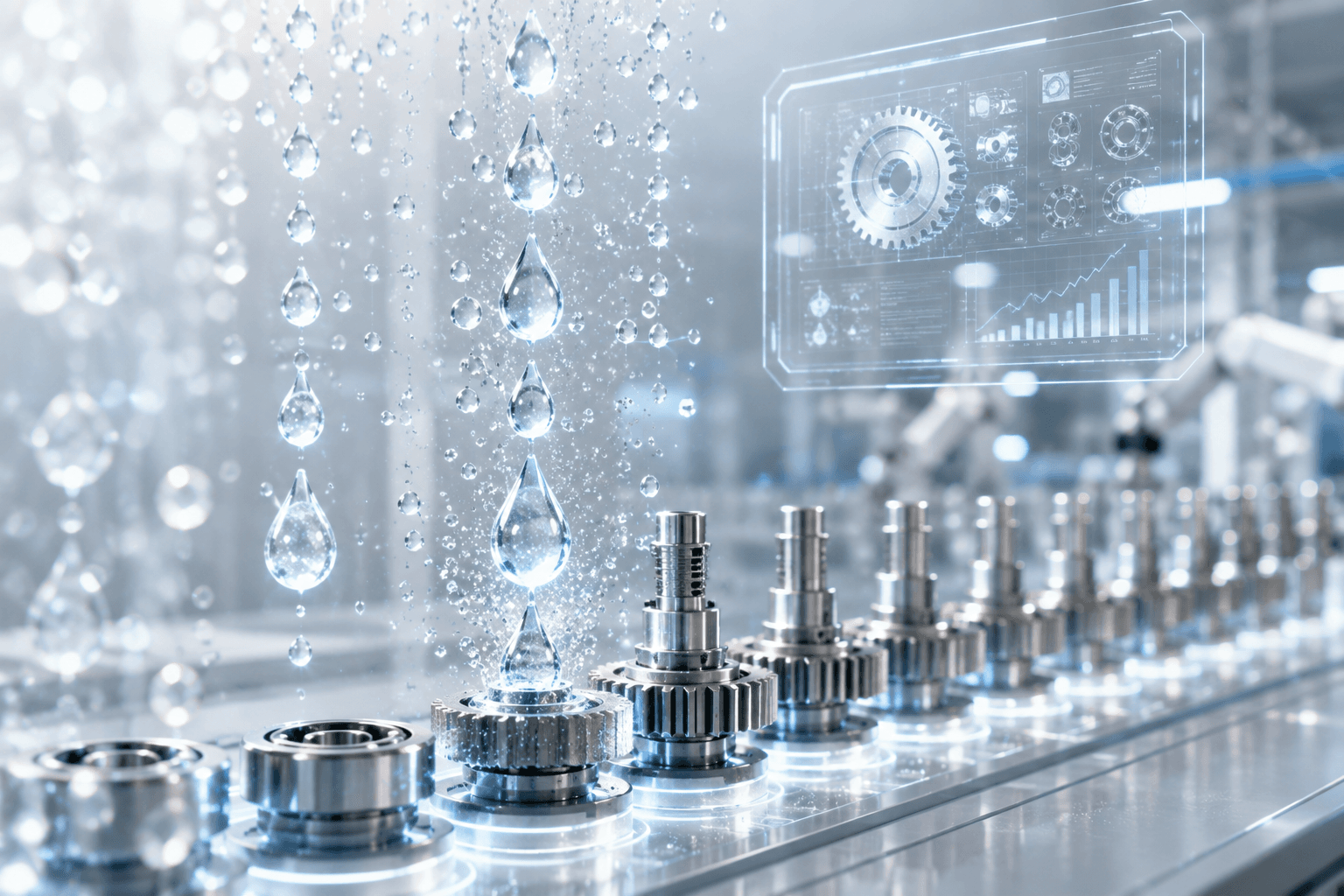 assembly line with water droplets